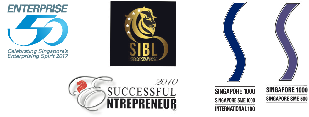 • Enterprise50 Award (2016) • Singapore Indian Business Leaders Award (2016) • Singapore SME 1000 (2011, 2012, 2013) • Singapore SME 500 (2000, 2001, 2008, 2009, 2010) • Singapore Successful Entrepreneur (2010)